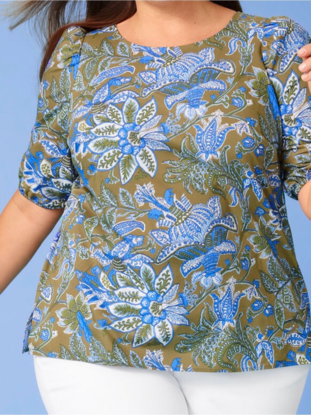 Talbots Plus Floral Print Short Sleeve Top in Olive and Blue